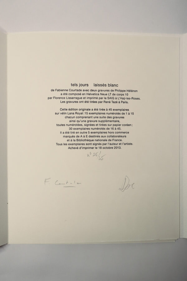 Fabienne Courtade, Tels jours laissés blanc, avec deux gravures de Philippe Hélénon – Image 5