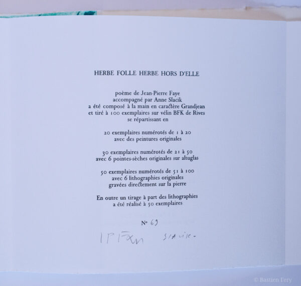 Jean-Pierre Faye, Herbe folle, herbe hors d’elle, avec six lithographies de Anne Slacik – Image 5