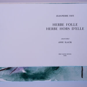 Jean-Pierre Faye, Herbe folle, herbe hors d’elle, avec des pointes sèches et peintures de Anne Slacik, édition folio non pliés et emboîtage peint