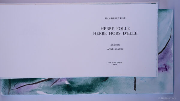Jean-Pierre Faye, Herbe folle, herbe hors d’elle, avec des pointes sèches et peintures de Anne Slacik, édition folio non pliés et emboîtage peint