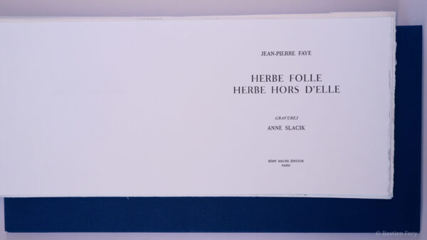 Jean-Pierre Faye, Herbe folle, herbe hors d’elle, avec des pointes sèches et peintures de Anne Slacik, édition folio non pliés et emboîtage toilé