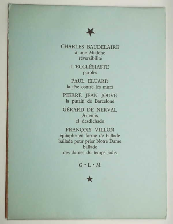 Collectif, Recueil de dix poèmes [Charles Baudelaire, l’Ecclésiaste, Paul Eluard, Pierre Jean Jouve, Gérard de Nerval et François Villon]