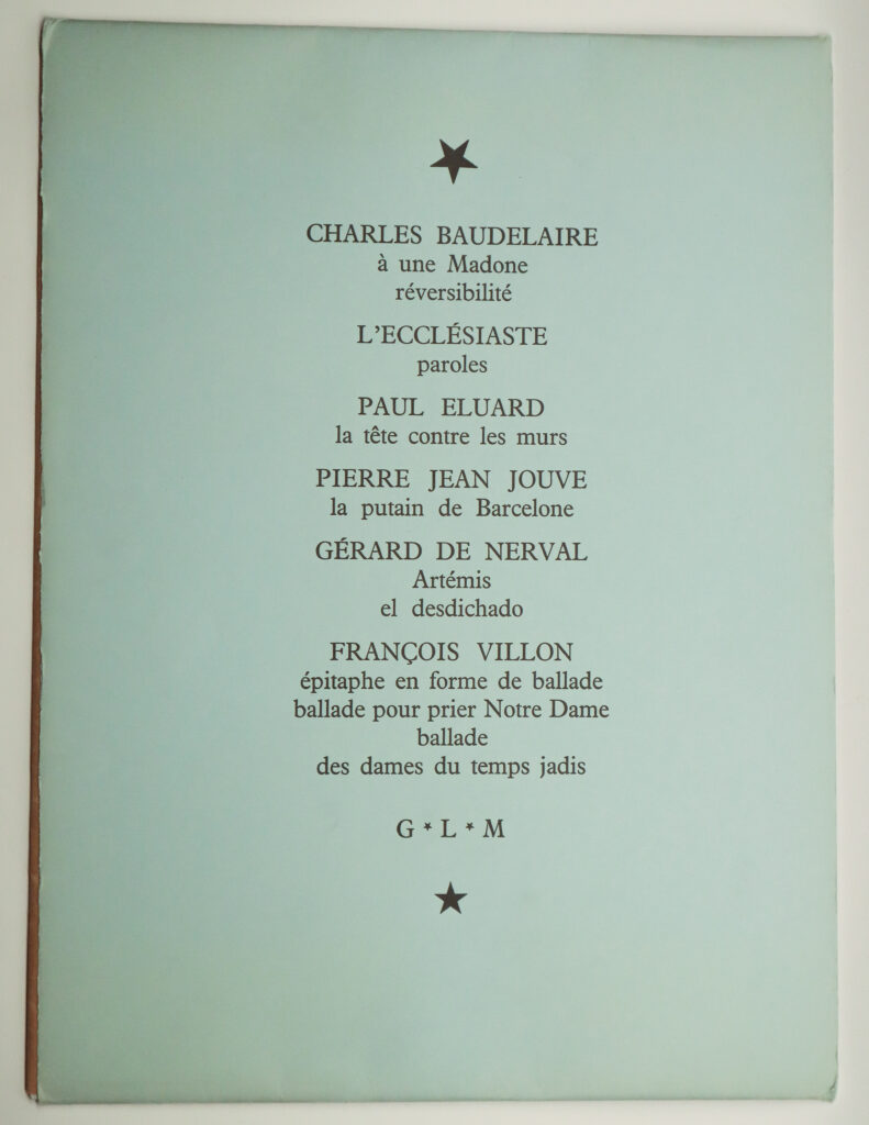 Collectif, Recueil de dix poèmes [Charles Baudelaire, l’Ecclésiaste, Paul Eluard, Pierre Jean Jouve, Gérard de Nerval et François Villon]