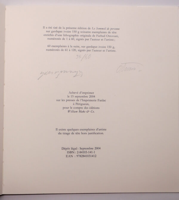 Yves Bonnefoy, Le Sommeil de personne, avec vingt-quatre reproductions de pastels et une lithographie originale de Farhad Ostovani – Image 3